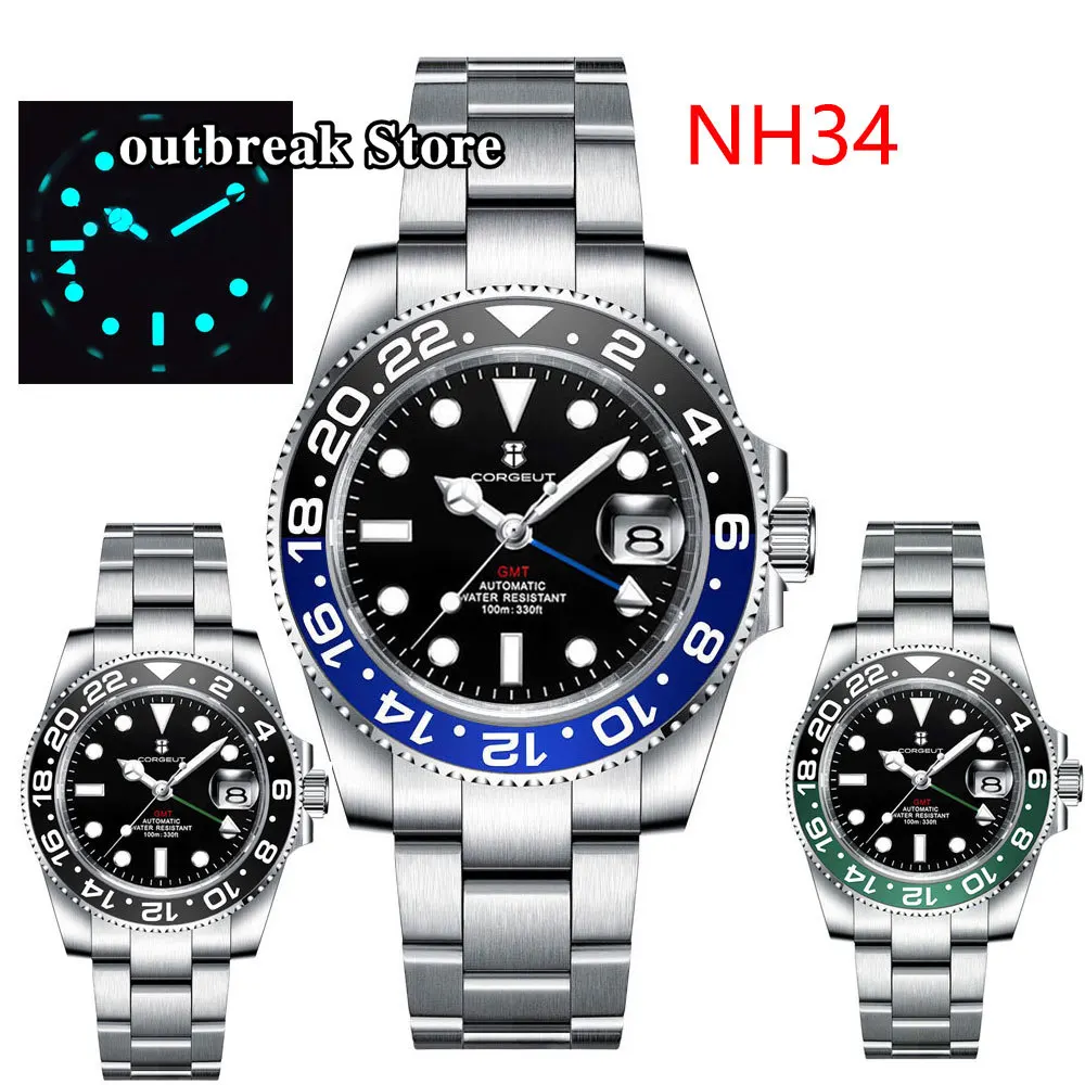 

New CORGEUT 40mm NH34 Movement Automatic Black Watch For Men GMT Function Black Dial Sapphire Crystal Auto Date Oyster Bracelet