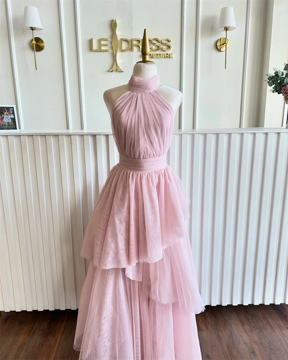 Bella Customized Multi-Layered A-line Mesh Fabric robes de soirée Halter Neck Sleeveless Party Dresses Ankle-Length Prom Dress image 5