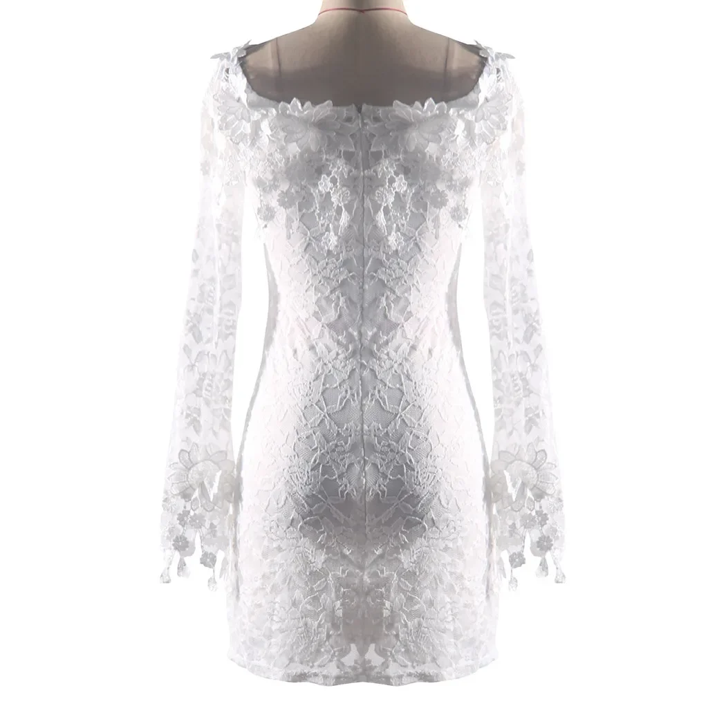 Robe en dentelle blanche à manches longues pour femmes, mini robe courte sexy, fête de mariage, soirée