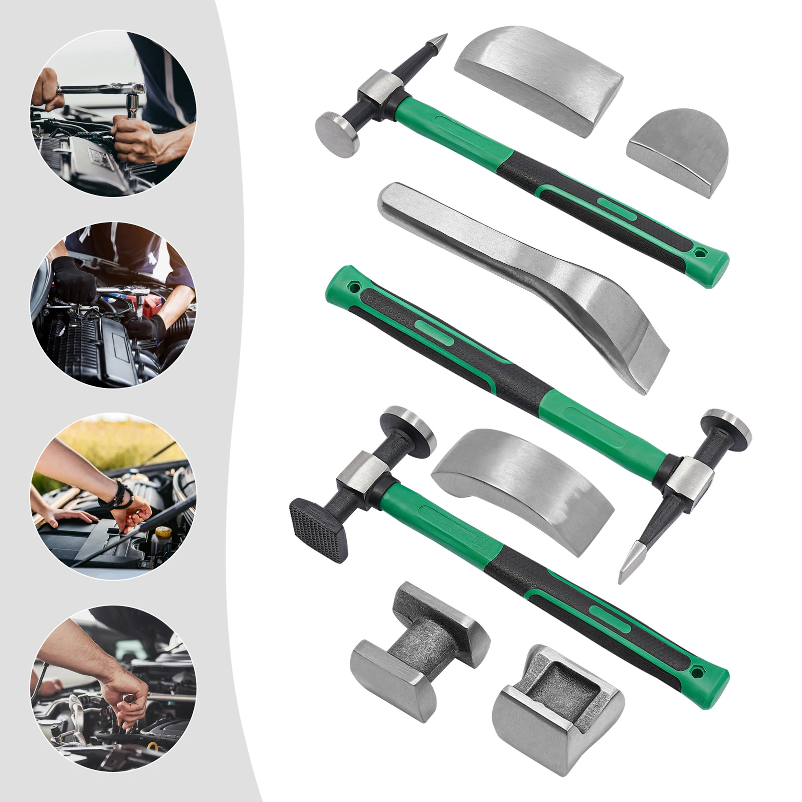 9PCS Auto Body Dent Repair Tool Kit Green Handle Metal Hammer Set DIY Sheet Metal Repair Tools for Car Dents
