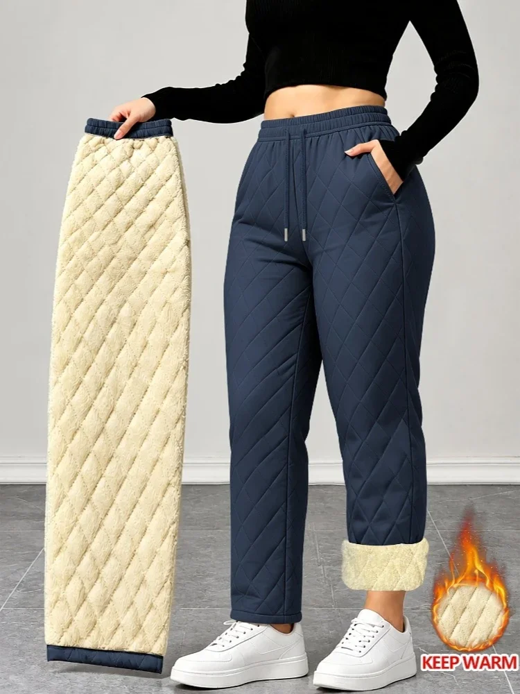 Winter Warm Women's Fleece Lined Pants Casual Thicken Versatile Elastic Waist Drawstring Lambswool Trousers for Woman Daily Wear