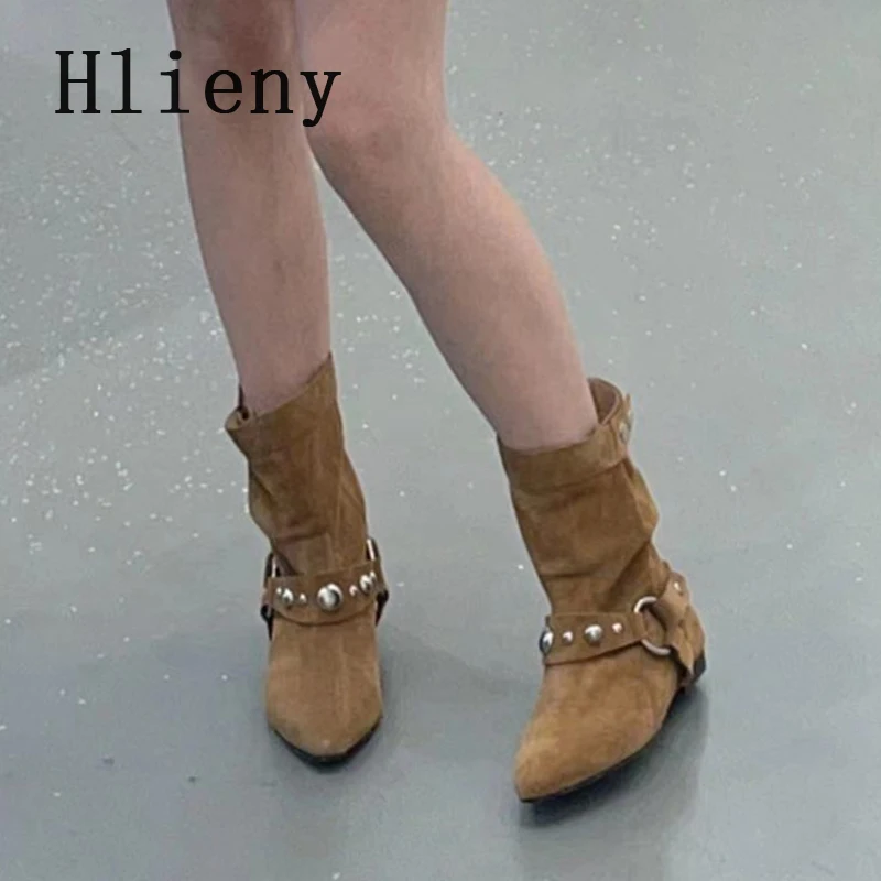 

Hlieny/Зимние женские ботильоны в уличном стиле в стиле ретро, модные женские ботильоны с металлическим поясом и заклепками, острый носок, римская женская обувь для вечеринок