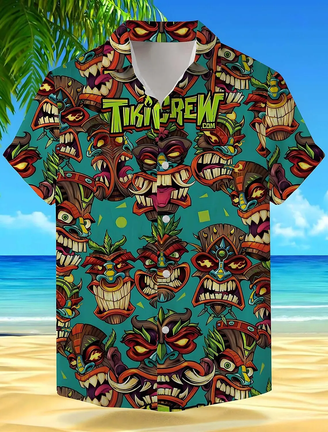 Floral Tropical Mask Vacation Hawaiian Men's Shirt Outdoor Hawaiian Holiday Summer Turndown Short Sleeve Mint Green Tiki Shirts