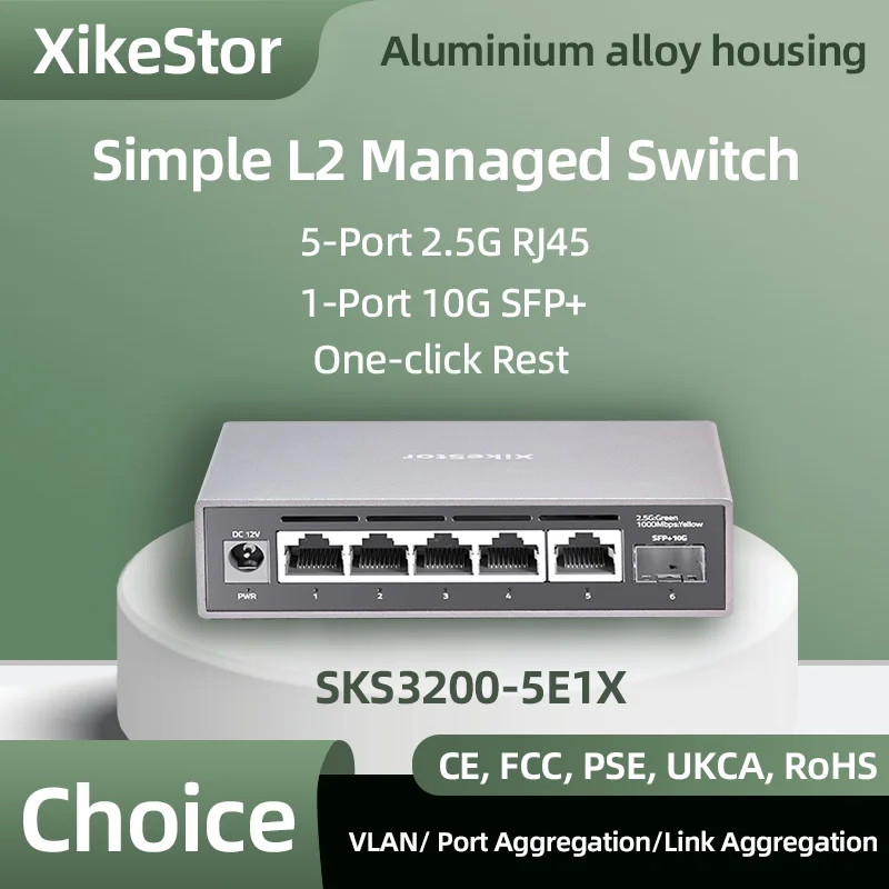 XikeStor 2.5G Simple L2 Managed Switch 5-Port 2.5G RJ45 1-Port SFP+ Ethernet Switch Support VLAN and Port/Link Aggregation