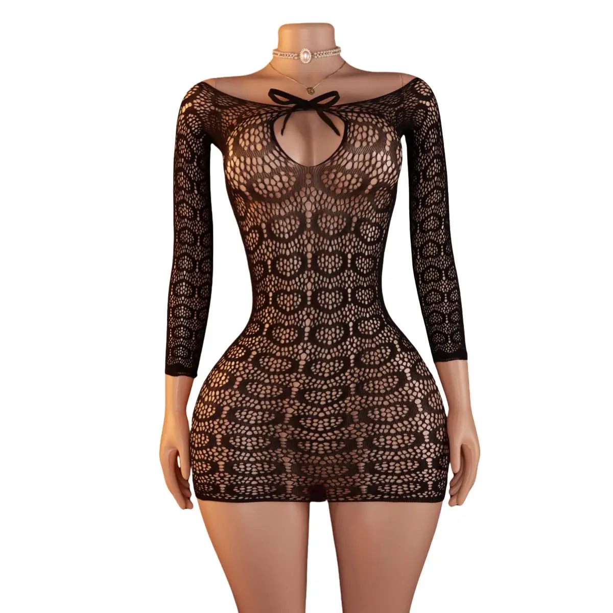 

Sexy Black Transparent Mesh Long Sleeve Dress Elastic Net Lingerie Hollow Exotic Hot Babydoll Teddy Costumes Fetish Porno Skirt