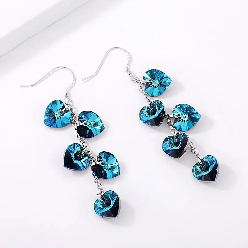 Romantic Heart Drop Dangle Earrings Original Crystals from Austria Long Tassel Earrings for Women Luxury Brand Silver Jewelry