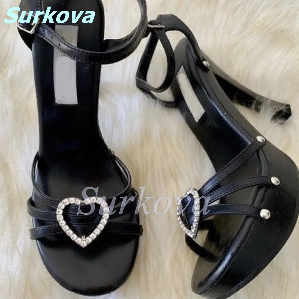 Heart Shaped Pin Buckle Heels Platform Rivet Thin High Heel Sandals Newest Fashion Sexy Summer Women Shoes Black Daily Stilettos