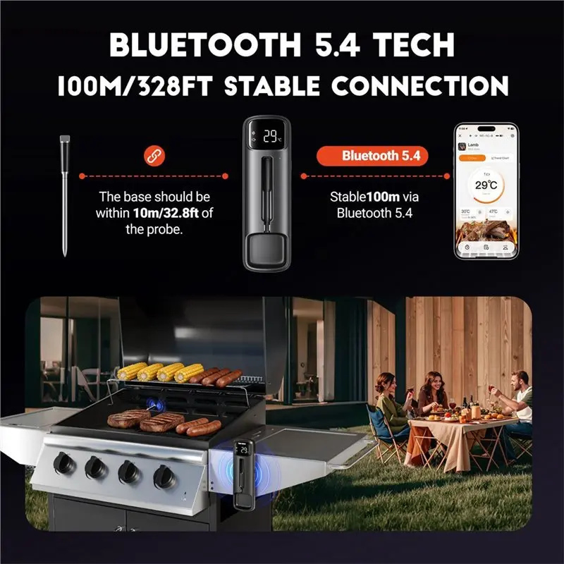 PORK-For BBQ Smoker Thermometer Wireless Dual-Sensor Bluetooth IP67 Waterproof Meat Thermometer 28 Preset Temperature Settings