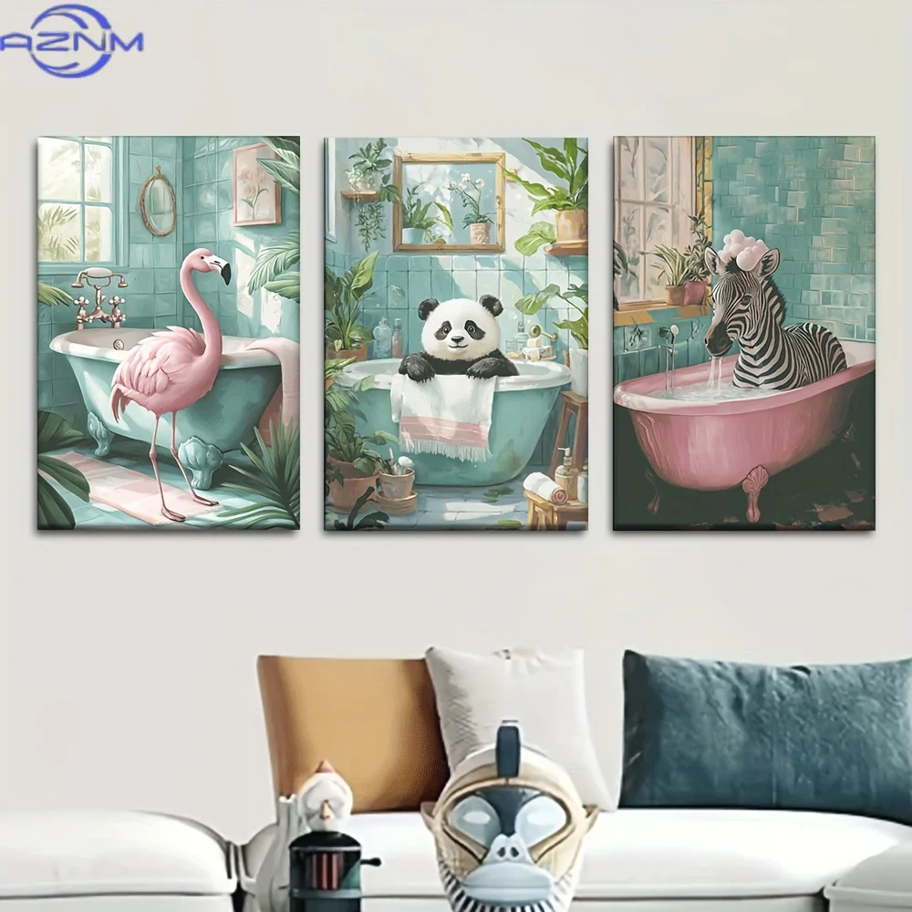 2D 3pcs Canvas Poster Unframes Cute Bathroom Flamingo, Panda, Zebra Oil Painting Style, Artist Drawing Set, Living Room, Librar