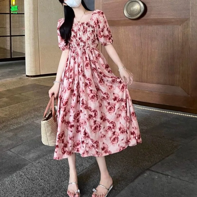 

Fashion Elegant Ladies Square Collar Floral Printing Dresses Summer New Women's Clothing Casual Sweet High Waist Folds Dress