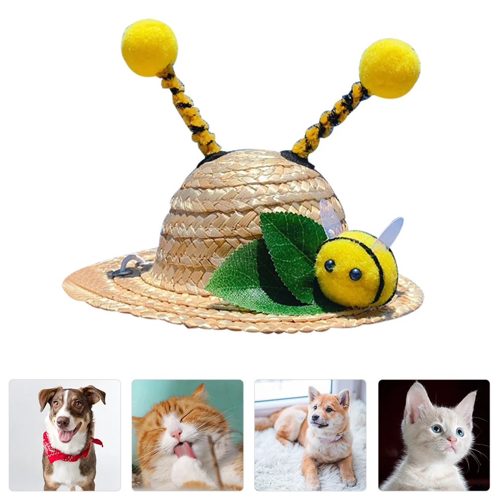 

Adjustable Pet Straw Hat with Bee Ornament Natural Material Sun Hat for Cats Dogs Small Animals Photography Prop Summer Daily