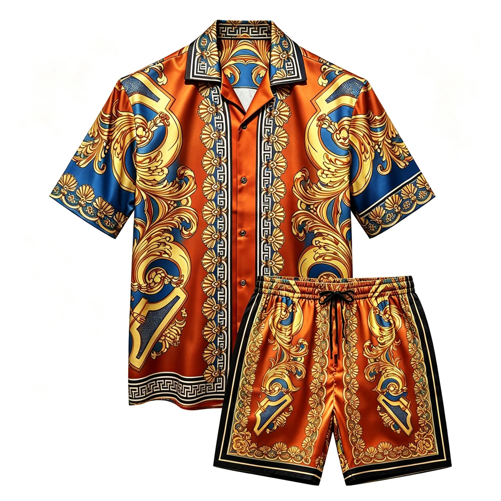 2026 Summer Premium Men's Short Sleeve and Shorts Set, Baroque Pattern 3D Printed Shirt, Men's Outfit for Outdoor Parties and Fe