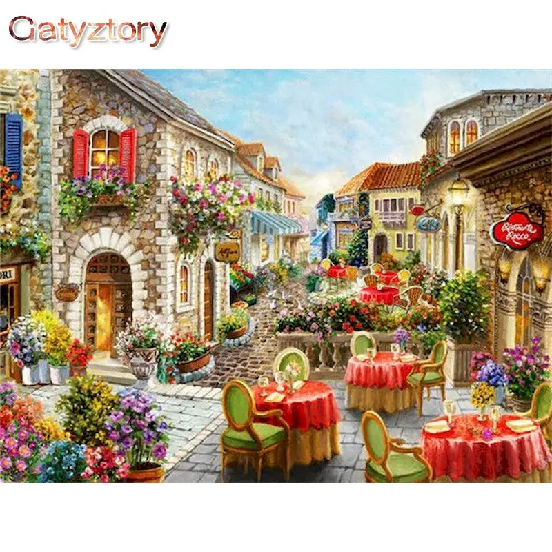 GATYZTORY Small Town Street Painting By Numbers DIY Frame Paint By Numbers For Adults Landscape Morden Wall Art For Gift