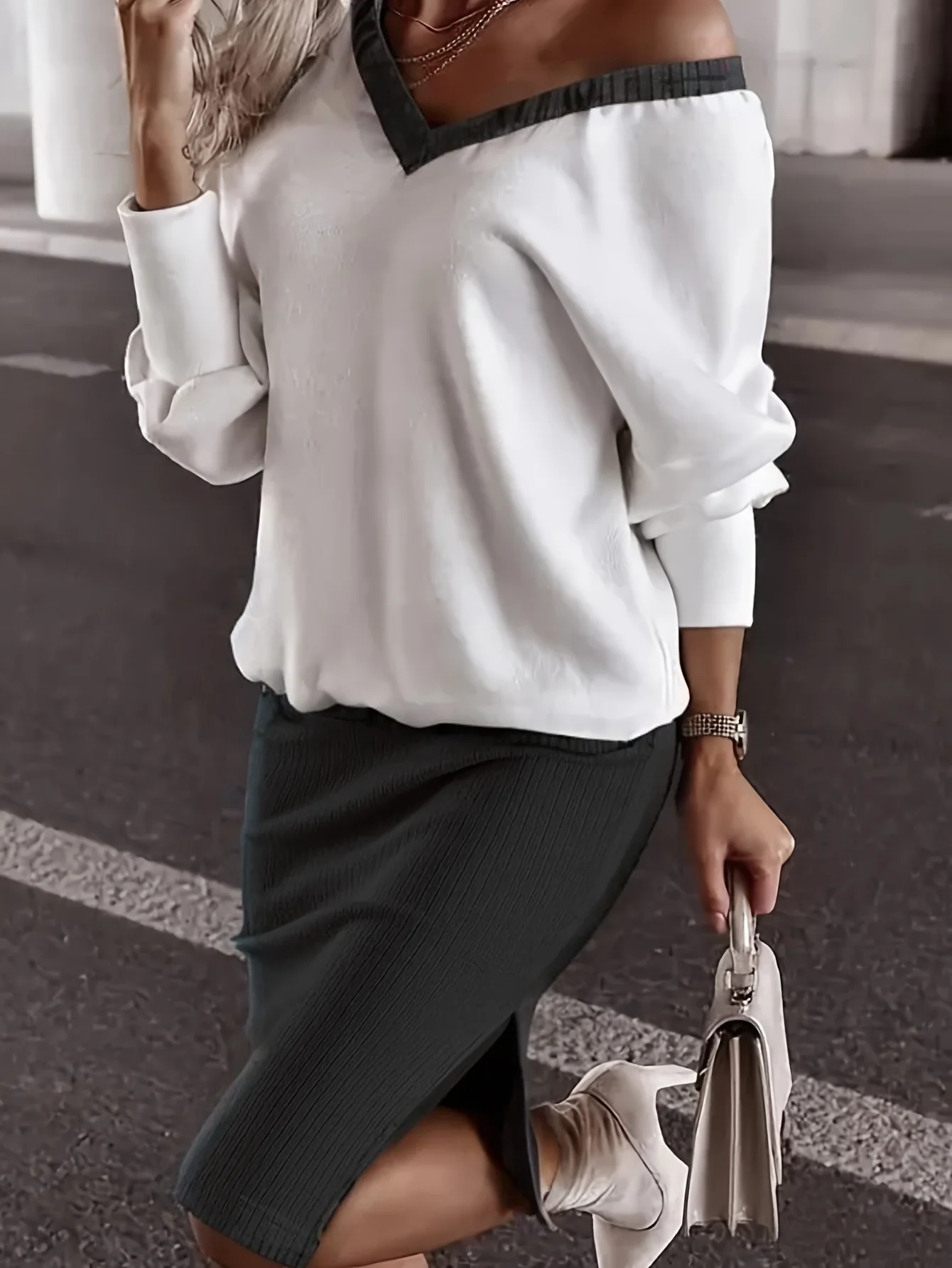 Элегантный пригородный комплект из двух предметов, свободный комплект с v-образным вырезом и длинными рукавами ​ ​ Пуловер Толстовка Модный однотонный комплект с разрезом и юбкой-карандашом