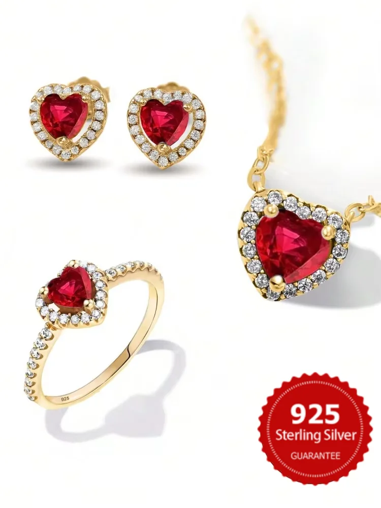 

925 Sterling Silver Fashion Golden Red Love Heart Ring Zircon Necklace Earring Set for Women Anniversary High Quality Jewelry