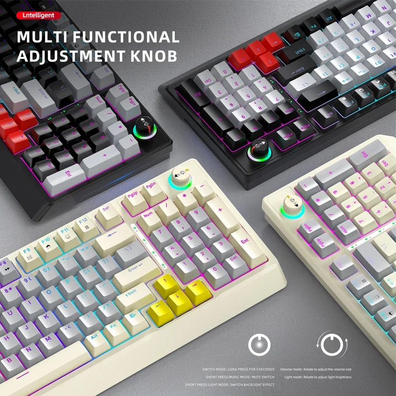 T-WOLF T50 Mechanical Gaming Keyboard 98 Keys Wired Blue Switch RGB Light Ergonomic Keyboard Multifunction Knob For PC Laptop