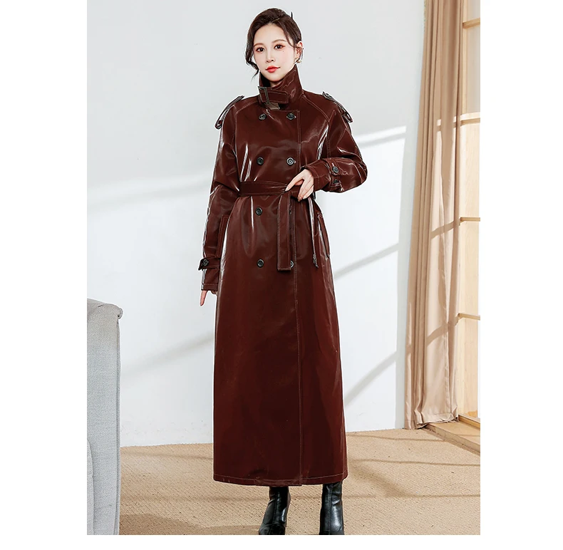 Lautaro Spring Autumn Extra Long Oversized Cool Reflective Shiny Black Patent Leather Trench Coat for Women Belt Runway Fashion