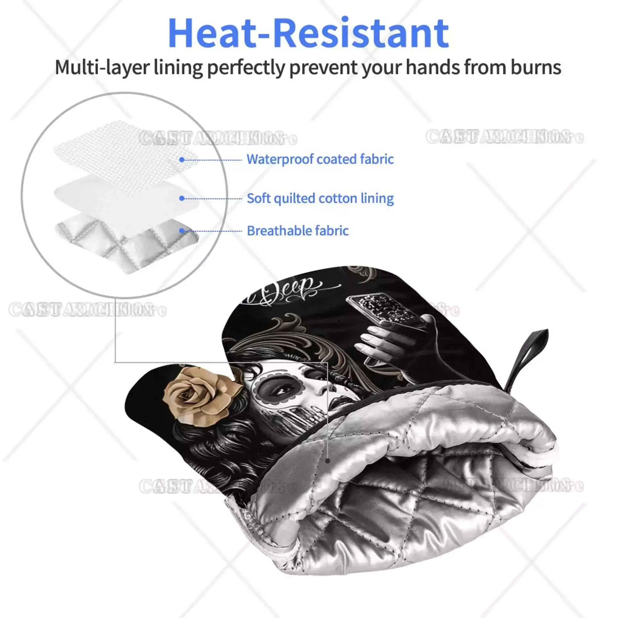 Sexy Women Skull Halloween Oven Gloves 2pcs Microwave Gloves Oven Gloves Heat Resistant Oven Mitts for Kitchen Bbq Cooking