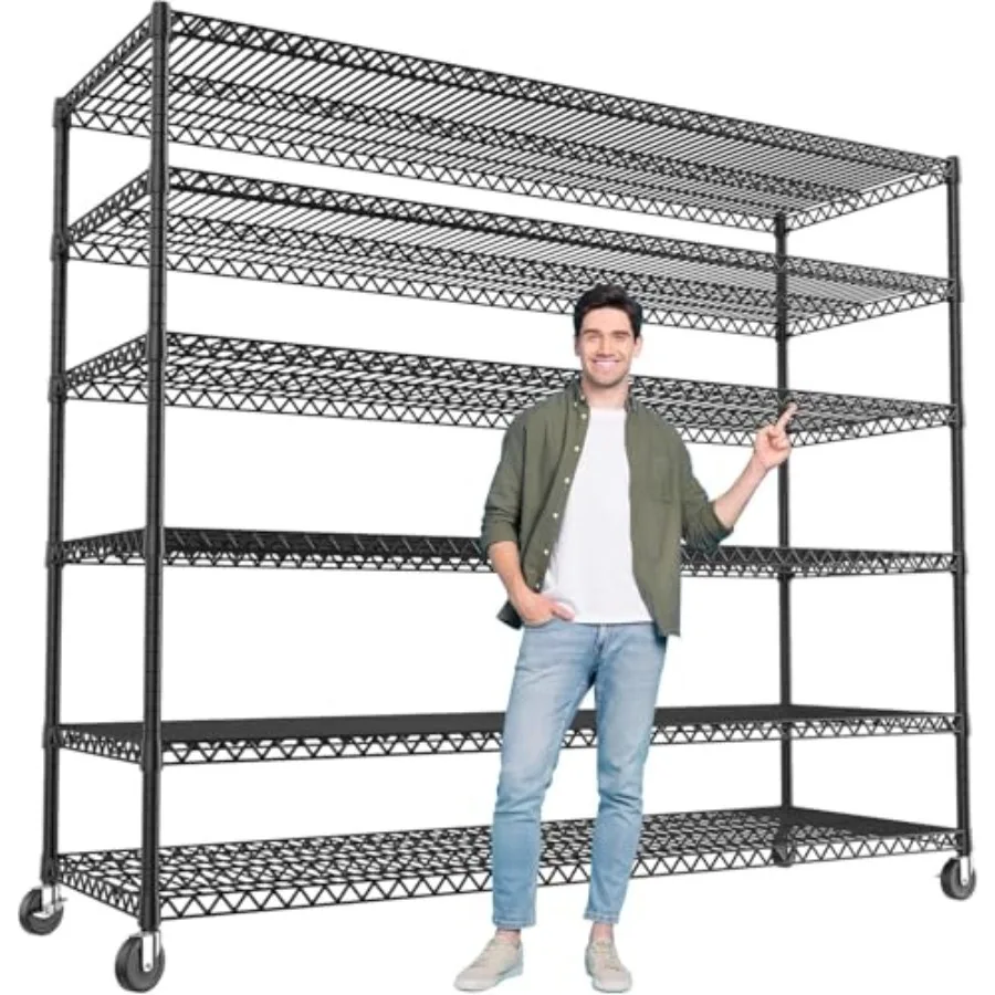 

82.6" H*60''W*17.7" D Steel Heavy Duty Wire Shelving w/ Wheels,6Tier Adjustable Storage Shelves 3598LBS Commercial Metal Shelves