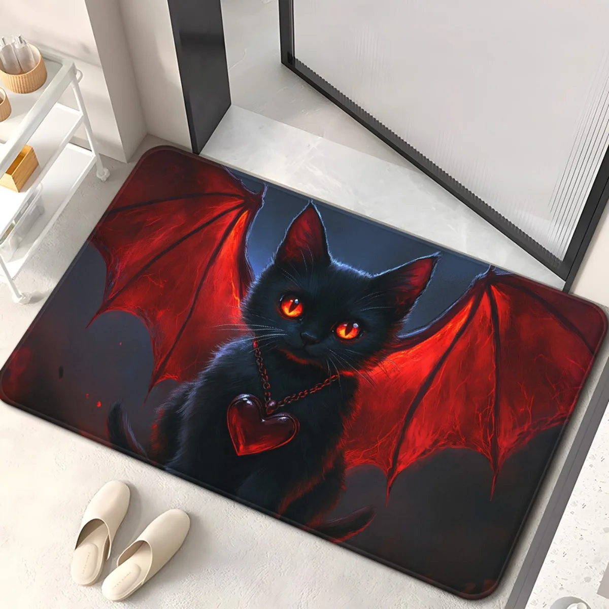 Ultra Aesthetic Cat Lover Goth Doormat Red Winged Creature Entrance Mat Modern Home Decor Halloween Gifts Polyester Utility Runn