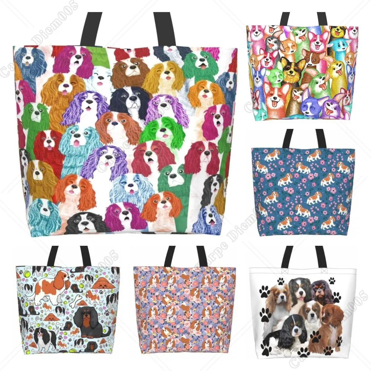 Sac fourre-tout coloré King Charles Spaniel Cartoon, sac à provisions décontracté, sacs réutilisables avec chien imprimé initié, chiot Kawaii mignon