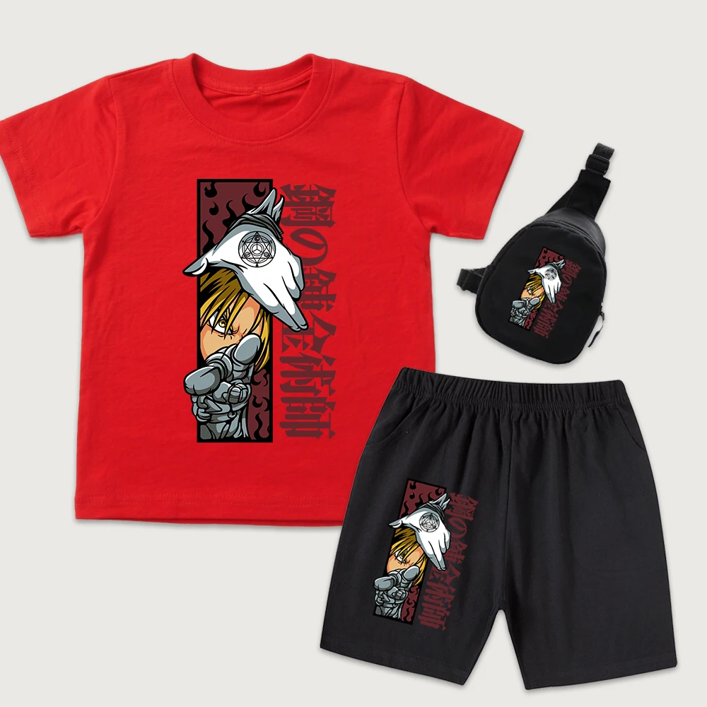 Fullmetal Alchemist Edward Anime Print Kids Cotton T Shirt Shorts Mini Chest Bag 3Pcs Set Casual Boy Girl Summer Outfit