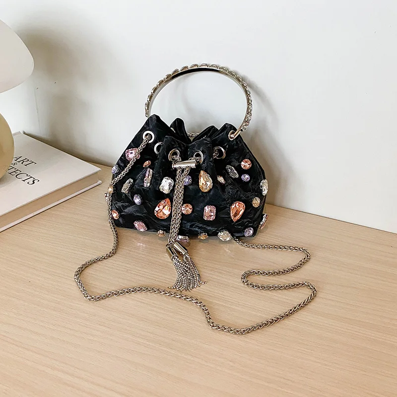 Hot Sale Luxury Gem Embellished Bucket Purse Women Metal Circle Handle Drawstring Chain Crossbody Bag Sparkly Party Mini Handbag