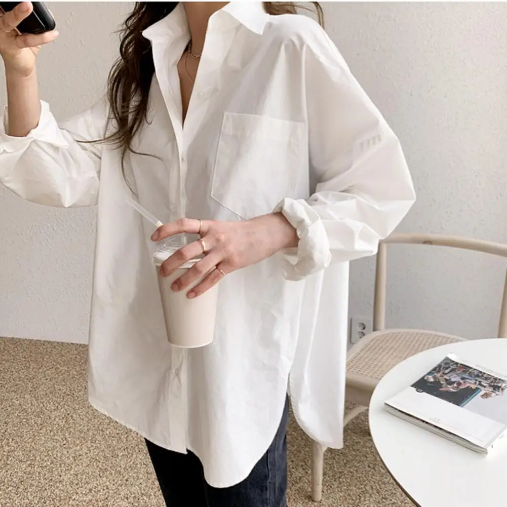 

Women Shirt Lapel Long Sleeve Button-Up Closure Shirt with Patch Pockets Loose Fit Solid Color Casual Shirt Workwear Blouse