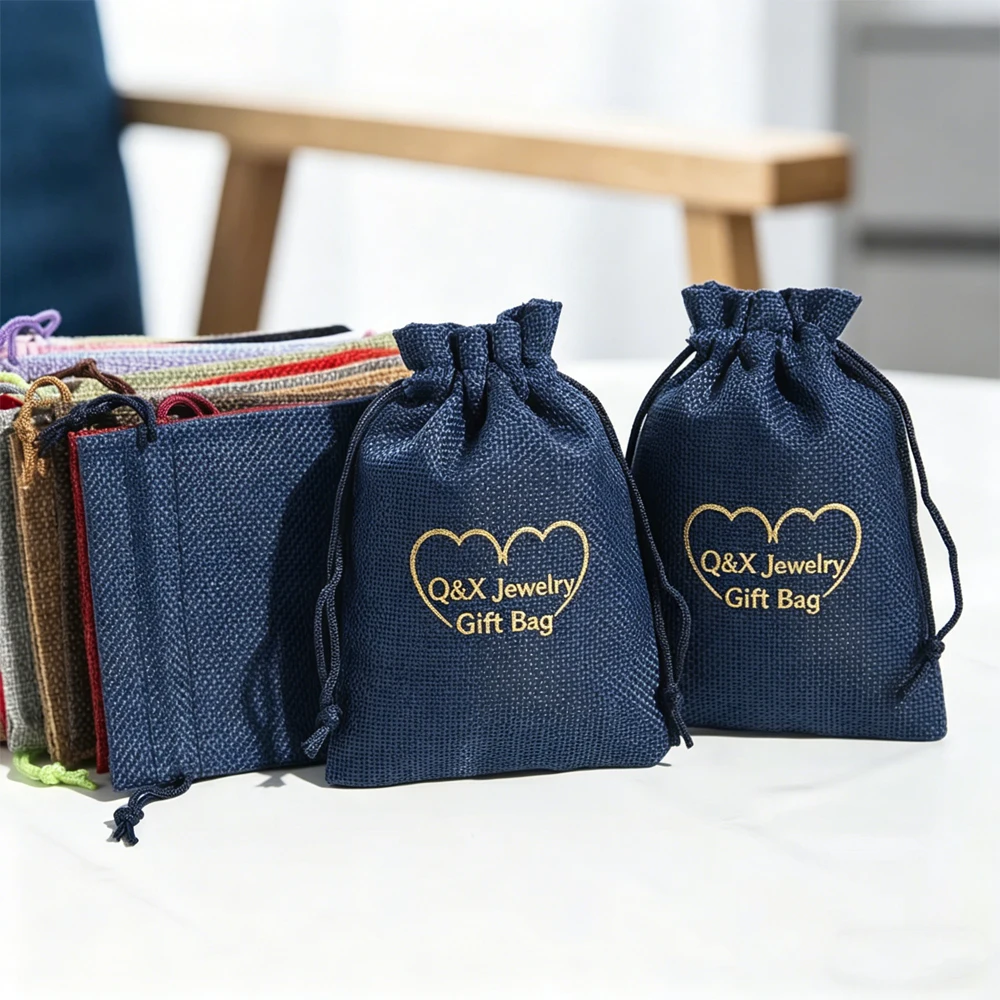 

100Pcs Custom Burlap Gift Jewelry Bags 4x5.5 Inches Natural Linen Burlap Sack Bags with Drawstring for Ring Earring Pendant Key