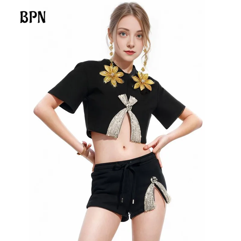 

BPN Temperament Patchwork Diamonds T Shirts For Women Round Neck Short Sleeve Solid Slimming Sexy Shirt Female Summer Clothing