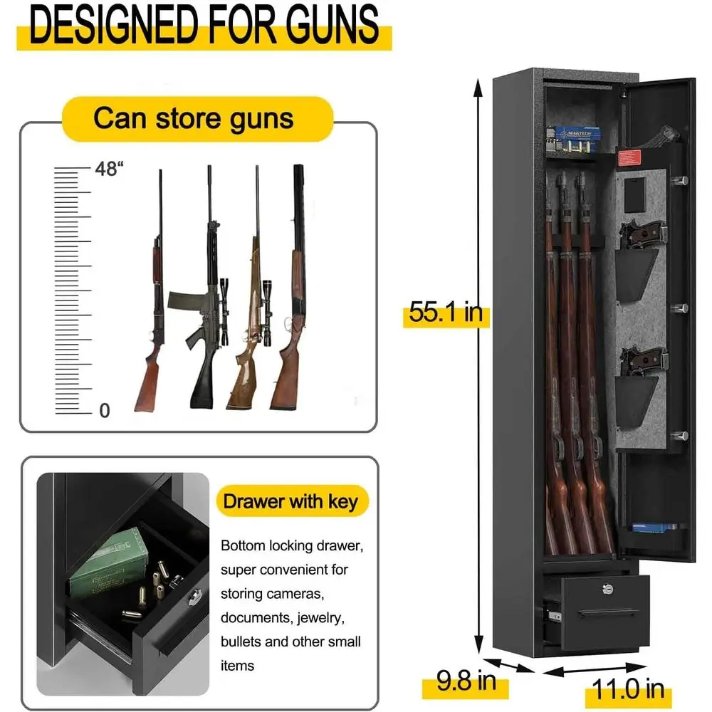 Fireproof Home Gun Safes for Rifles and Pistols with Removable Racks and Pockets, Secure Storage Cabinet with Password Lock for
