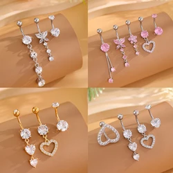 3-5pcs Mixed-Style Sets Heart Flower Dangle Belly Button Rings Stainless Steel Butterfly Curved Zircon Belly Piercing Navel Ring