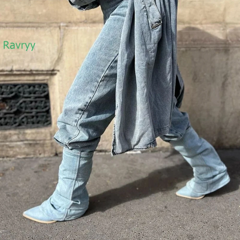 2024 New Western Cowboy Boots Denim Pointed Toe Mid-Chunky Heel V Mouth Autumn and Winter All-Match Retro Pile Women Boots