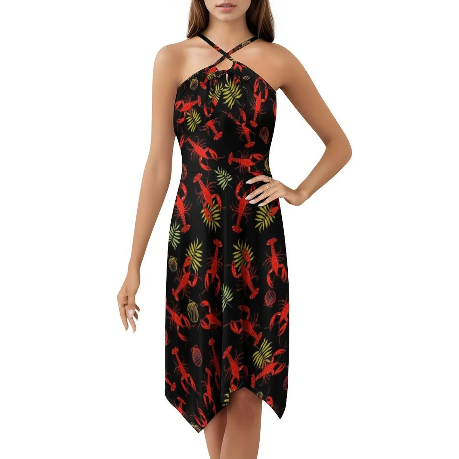 キャッチ・オブ・ザ・デイ ヴィンテージ ボヘミアン ドレス パフスリーブまたはノースリーブ オプション 女性用ドレス ロブスター レッド ブラック イエロー シーフード