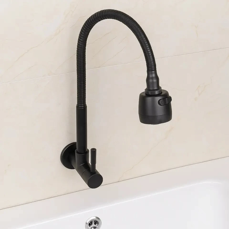

Black 360° Rotation Kitchen Wall Mounted Faucet Single Cold Universal Vegetable Basin Faucet Bathroom Balcony Faucet