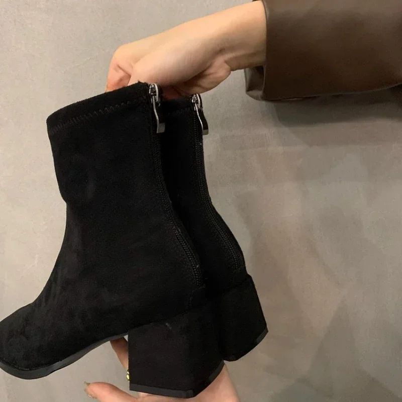 Vintage Women Slim Ankle Boots Fashion Elegant Square Toe Shoes Autumn High Heel Women\'s Short Booties