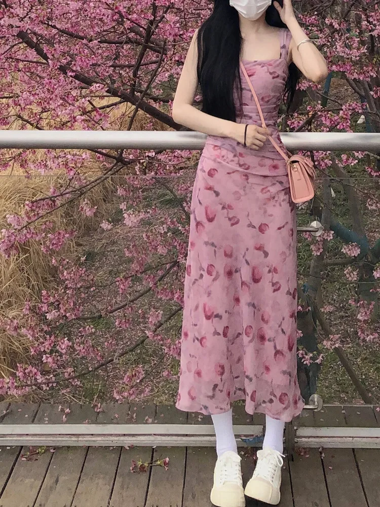 

Pure Desire Pink Floral Print Strapl Long Dr Women Summer New Sweet Waist Cinching Slimming Skirt Princ Sle Gown