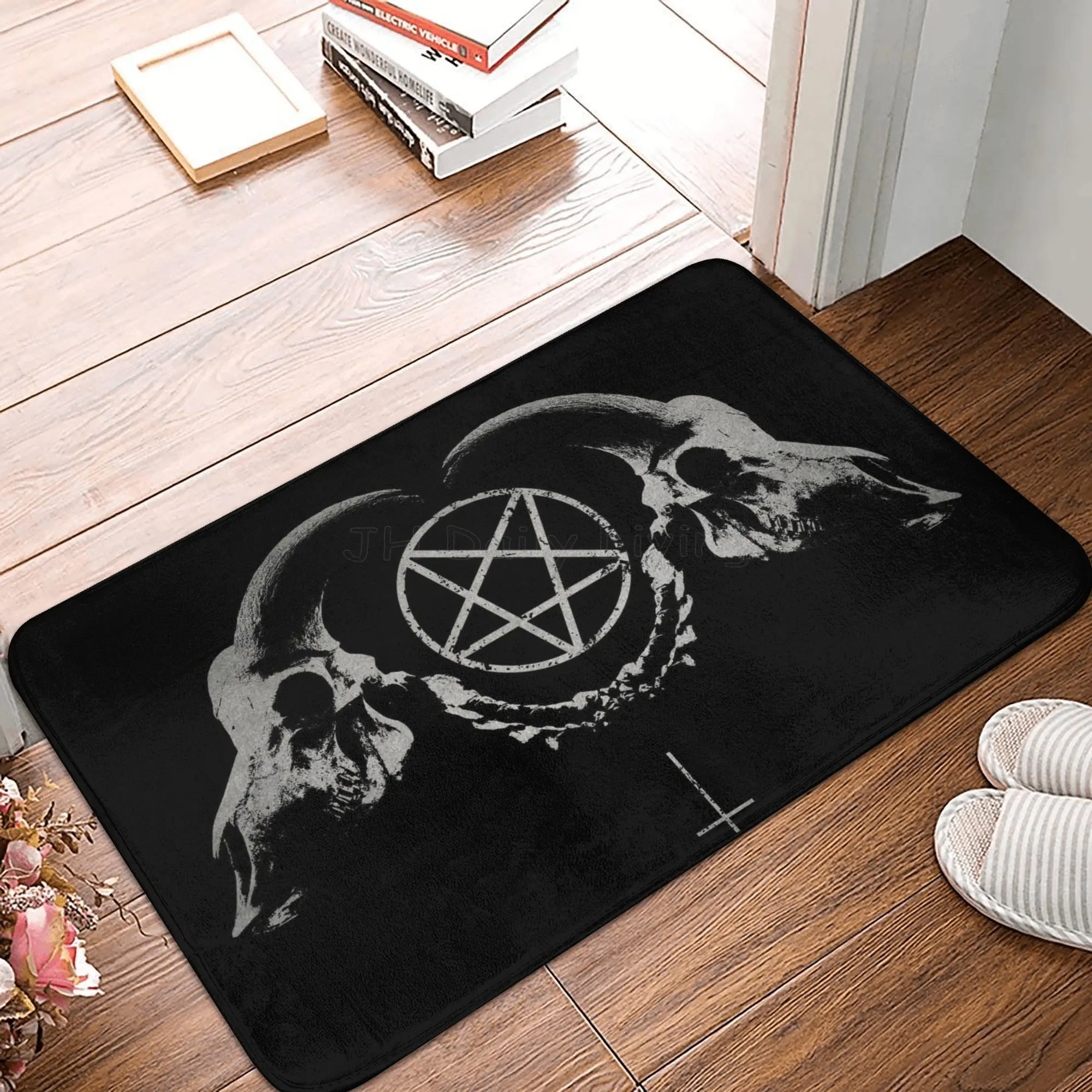 Gothic Occult Satan Penta Symbol Skull Doormat Living Room Bedroom Rug Anti-Slip Bath Mat Polyester Carpet Home Decoration