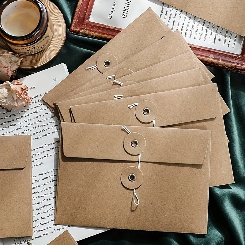 10 PCS Brown Kraft Paper Envelope Vintage Envelope Pockets with Button and String Closure for Mail Postcard Bills Invitation