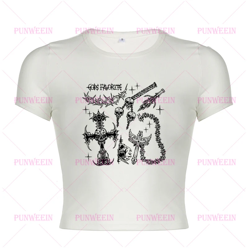 เสื้อกล้ามครอปสีขาวพิมพ์ลายกะโหลกศีรษะสไตล์วินเทจ กรันจ์ สตรีทแวร์ พังก์ ฮาราจูกุ กอธิค อีโม สำหรับสาวๆ