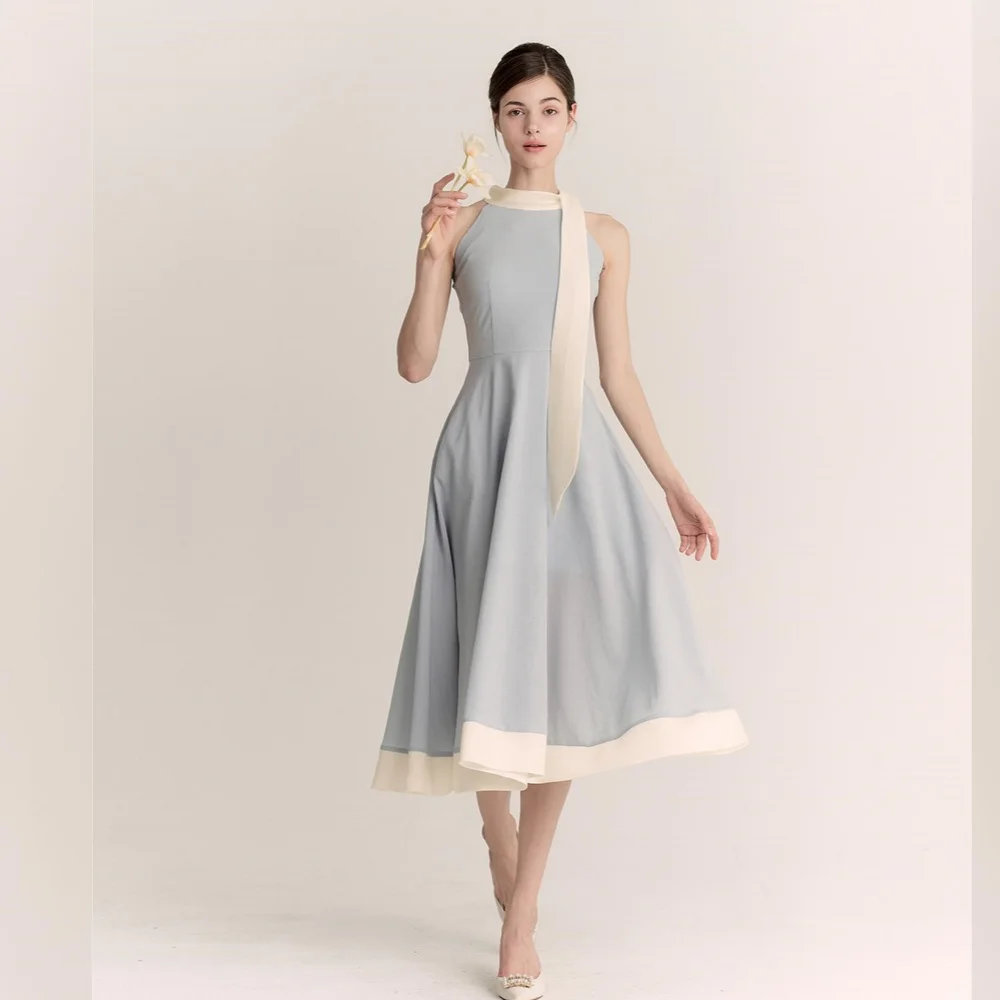 

Customized Classic Jersey Pleat A-line Halter Midi Dresses Cocktail Dresses Exquisite Modern Style Simple Fashion High Quality M