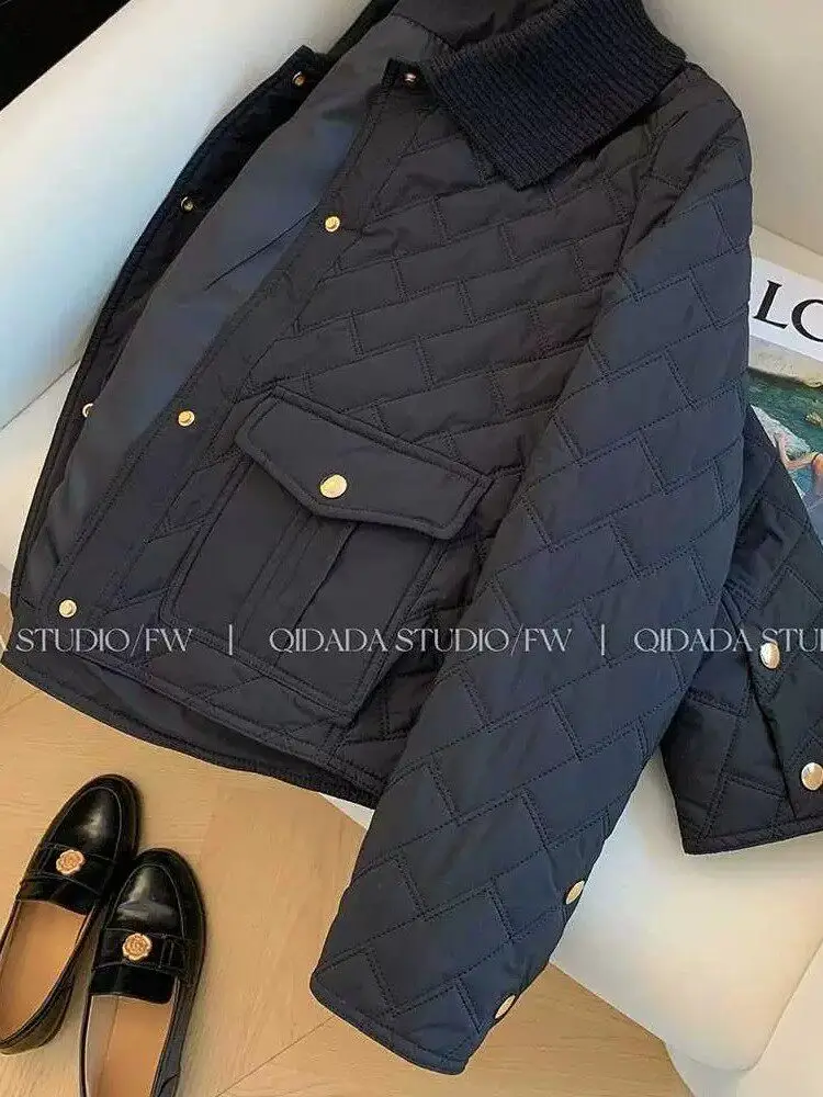 Thickened Cotton  Collar Diamond Pattern Women's Jacket Winter New Loose Design Sense Black Color Large Size Cotton Coat