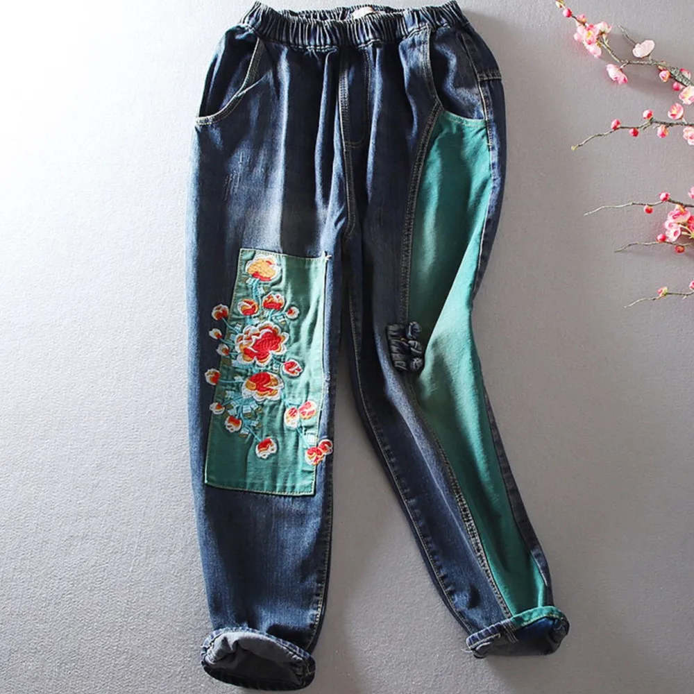 Retro dark color slimming loose casual Harlan pants patchwork embroidered flower jeans long pants for women