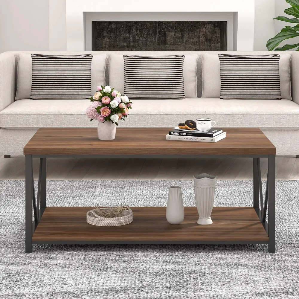 Modern Rustic Coffee Table with Storage Shelf, Metal and Wood Cocktail Table for Living Room, 39.3 Inch Wide