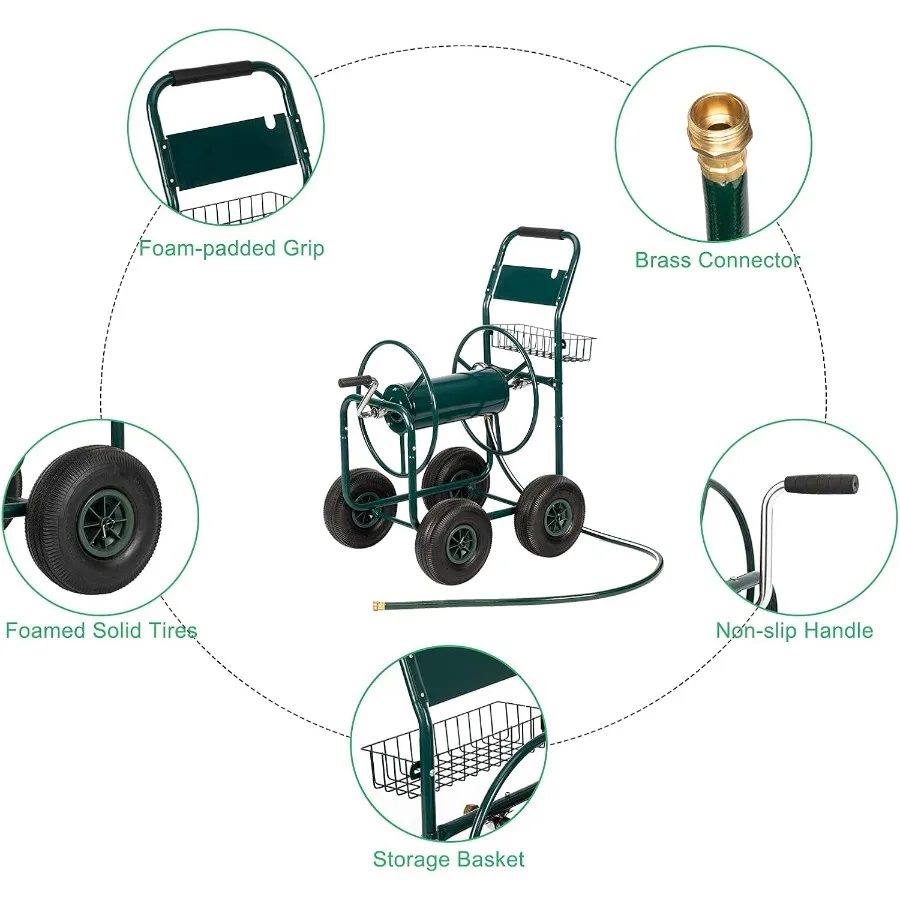 รถเข็นเก็บสายยางรดน้ำแบบพกพา 4 ล้อ พร้อมระบบนำสายยางและตะกร้าเก็บของ สำหรับใช้ในบ้าน ดีไซน์ทนสนิม