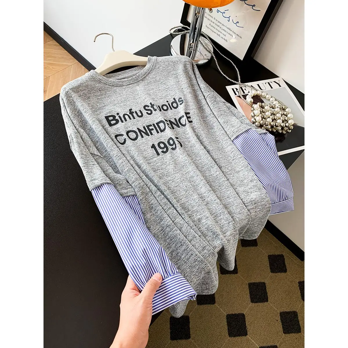 

Модный полосатый лоскутный женский свободный повседневный топ из двух предметов Long Sve в Корейском стиле, оригинальный дизайн, хлопок irt