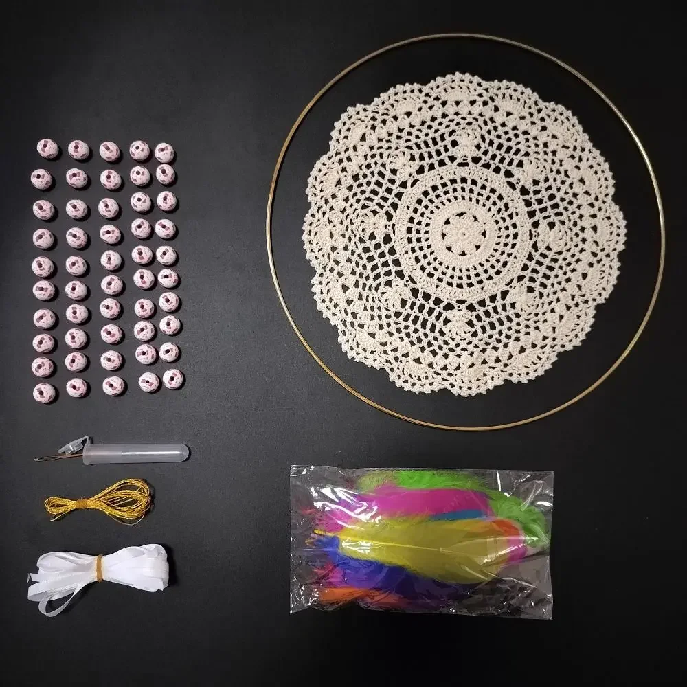 

Family Project DIY Dreamcatcher Craft Kit Hand Crochet Beige Doily Large Wooden Beads Plated Metal Circle Colored Goose Feathers