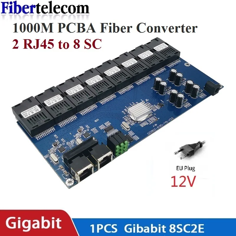 Single Mode Fiber Optic Convertor, PCBA Board, 8 Fiber Optic Ports, 2 RJ45 Port, 0-20KM, 1310/1550