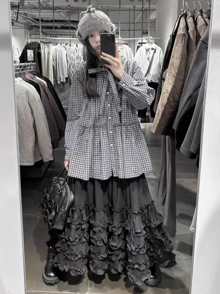 

2026 Hepburn Casual New Gothic Hot Girl High-waist Dark Skirt Japanese Designer Vintage Grey Loose Patchwork Long Skirt Women