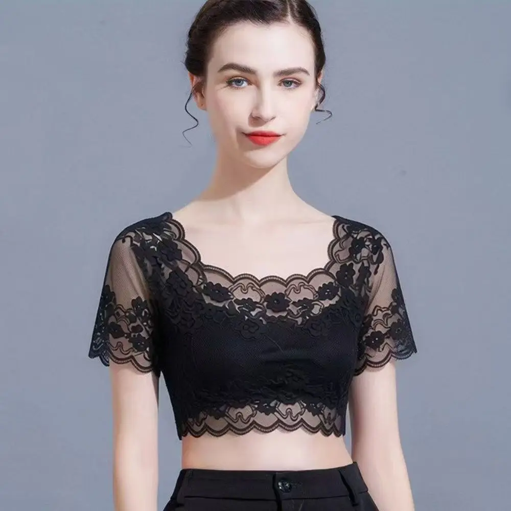 Cool Nylon Lace Short Sleeve Top Short Sleeve Thin Light Fabric Hollow Out Layering Tee Breathable Sheer Mesh Blouse Women